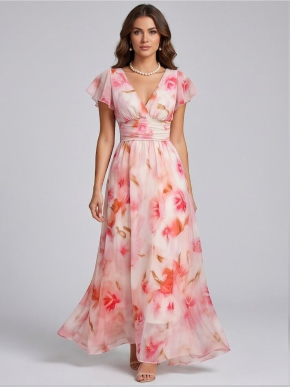 Romantic Blush Floral Chiffon Long Maxi Dress